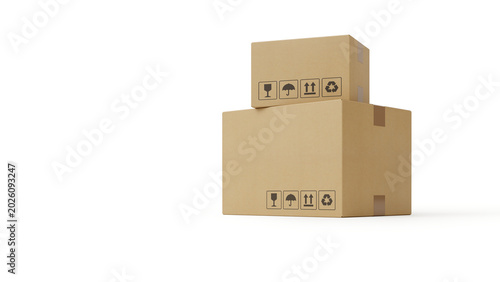 Two cardboard boxes of different sizes stacked on top of each other, isolated on a white background. A minimalist 3D render with realistic corrugated texture and standard shipping icons
