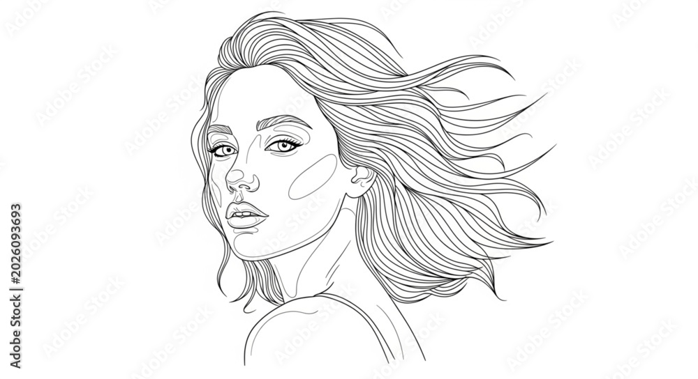 Fototapeta premium Stylized sketch of a young womans face with flowing hair.
