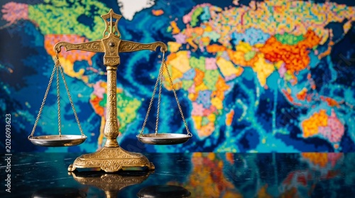 Foto Golden scales of justice in front of a colorful world map background with reflec