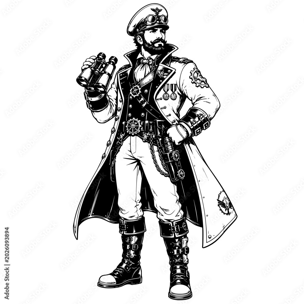 Obraz premium steampunk captain in long coat holding binoculars for fantasy adventure victorian airship explorer and vintage character design concept