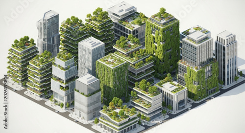 Photos Sustainable city skyline with green buildings and abundant trees.