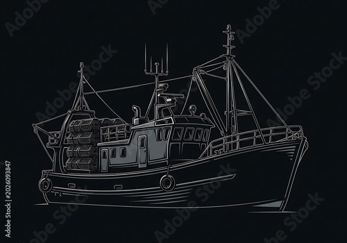 Detailed illustration of a fishing boat on a dark background