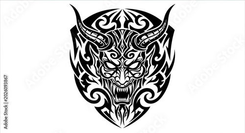 Photos Tribal Demon Face Tattoo Design with Horns and Fangs.