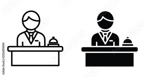 Hotel receptionist concierge front desk clerk service icon set with desk and bell for hospitality business travel and tourism industry