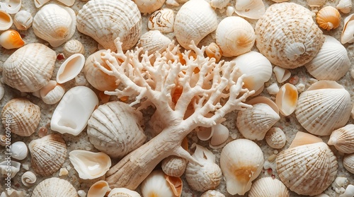 high-resolution photograph featuring a collection of various seashells and coral arranged in a natural, scattered layout. The central focus is a piece of pale pink coral with intricate, branching