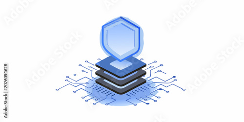security shield icon with circuit board layers 3d render