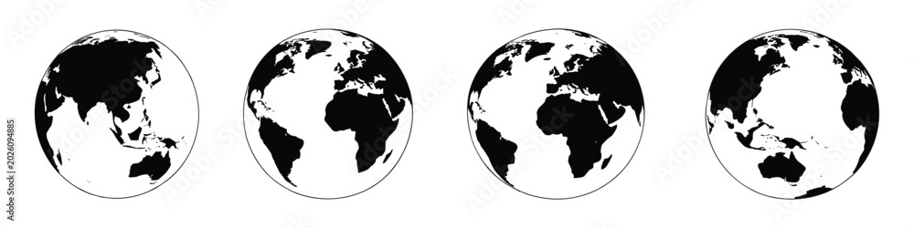 Fototapeta premium Four black and white circular globe showing different views of the earth with continents in silhouette against a white background arranged in a horizontal row