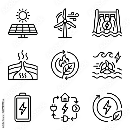 Bild auf Leinwand Renewable Energy Icons Line Drawings.
