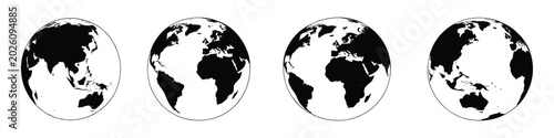 Four black and white circular globe showing different views of the earth with continents in silhouette against a white background arranged in a horizontal row