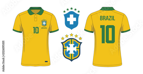 Yellow brazil soccer jersey front and back view with number ten and national team crests featuring five green stars and a white cross on a blue shield isolated on a white background