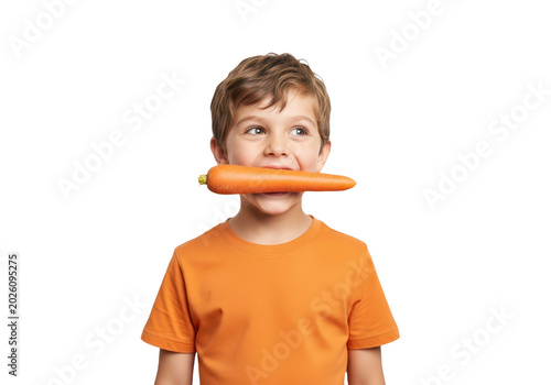 Young boy in an orange tshirt holding a fresh carrot in his mouth, isolated on transparent background