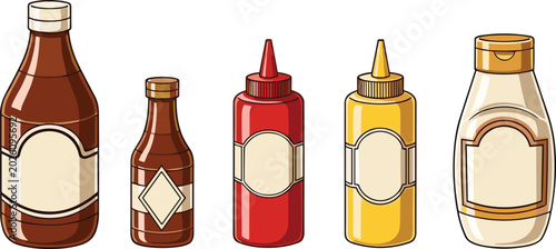 Fotografía Vector illustration of five condiment bottles including soy sauce, ketchup, must