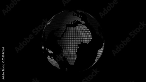 Animation of spinning globe of the Earth planet from glowing blue particulars on dark background, 4K seamless loop earth globe animation, Concept of technology, engineering, science. news background
