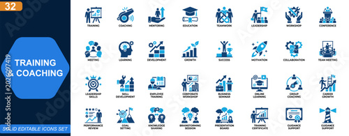 Training and coaching icon set. Mentoring, education, teamwork, leadership, workshop, meeting, conference, professional development. Editable icons collection. Vector.