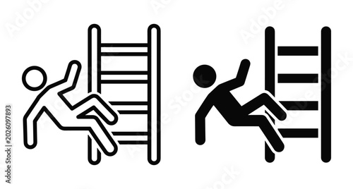 Stick figure man falling off a ladder icon set representing workplace accident hazard safety warning sign and industrial injury risk