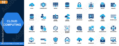 Foto Cloud computing and cybersecurity icon set