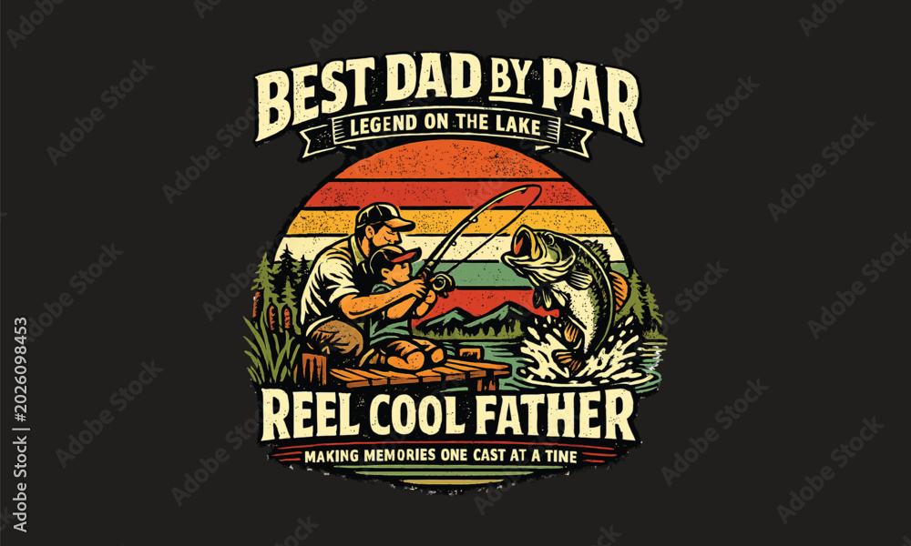 Fototapeta premium Vintage Father's Day badge with retro fishing scene and trophy illustration on dark grunge background
