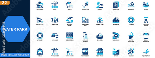 Billede på lærred Water park and aquatic attractions icon set