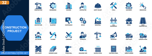 Construction project icon set. Engineering, building, contractor, safety, tools, machinery, renovation, architecture. Editable icons collection. Vector.