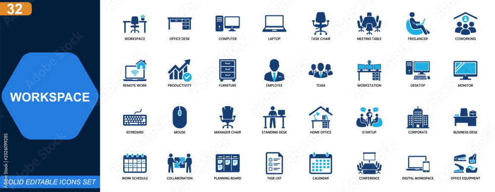 Fotografie Workspace and office essentials icon set