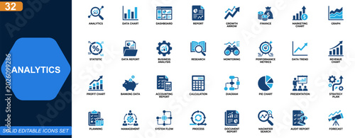 Bild auf Leinwand Analytics icon set for data analysis and business intelligence