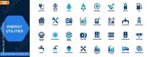 Energy and utilities icon set for power, water and gas infrastructure. Electricity, renewable energy, solar panels, fuel supply, heating systems. Editable icons collection. Vector.