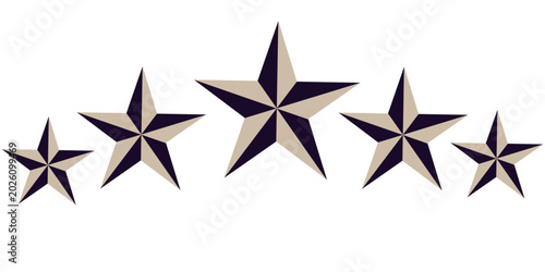 Five silver metal stars rating set in 3D style. Clean geometric star icons representing review, feedback, quality and ranking. Isolated on transparent background, perfect for UI design, apps, websites