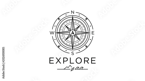 Tableau sur toile Vintage nautical compass emblem with mountains and explore text.