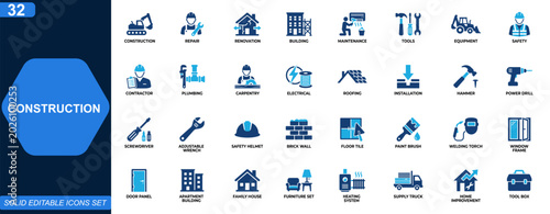Construction and home repair icon set. Renovation, building, maintenance, tools, equipment, safety, contractor, plumbing, carpentry, electrical, roofing. Editable icons collection. Vector.