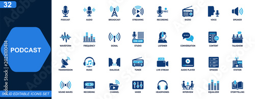 Fotografía Podcast icon set for audio broadcasting and streaming media