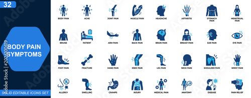 Schilderij op canvas Body pain symptoms icon set