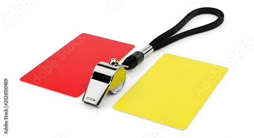 A referee's whistle with red and yellow cards on a white background
