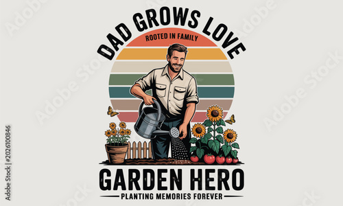 Bild auf Leinwand Vintage Gardener Illustration with Rainbow and Text Dad Brows Love Garden Herd P