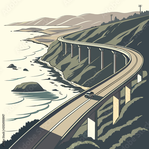 Bild auf Leinwand coastal highway bridge vector illustration with ocean view and green hillside la