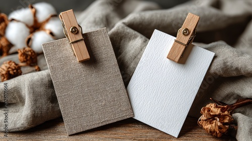 Blank textured cards with wooden clips and cotton on rustic linen fabric