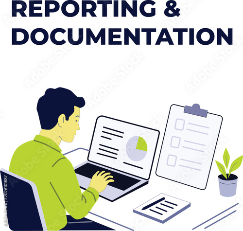 Reporting and Documentation Concept Illustration with Laptop, Checklist, Notes and Digital Paperwork