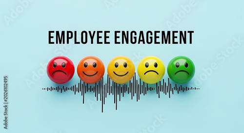 Employee engagement concept with colorful emoji faces, customer satisfaction rating scale, corporate culture and feedback survey icons on blue background