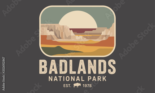 Fotografija Badlands National Park vintage travel poster with full moon over layered rock fo