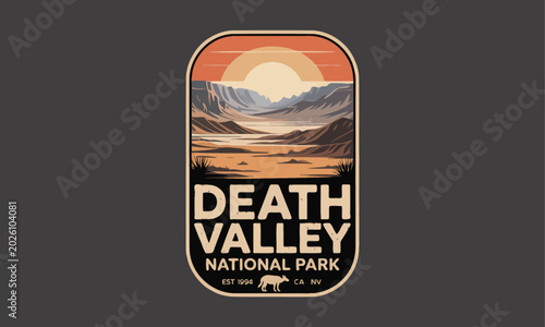 Fotografia Death Valley National Park vintage travel sticker with dramatic sunset landscape