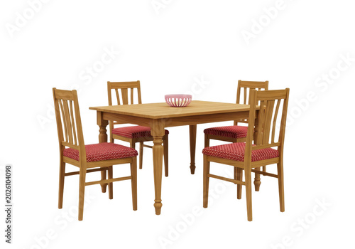 Wooden dining table with four chairs and a bowl isolated on transparent background