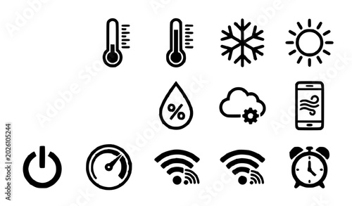 Smart Home and Weather Control Icon Set Featuring Temperature Monitoring, Humidity, WiFi Connectivity, Climate Management, and Automation Symbols