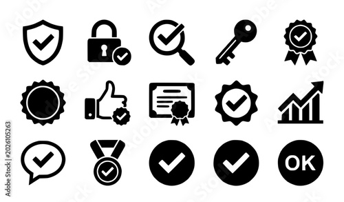 Verification and Approval Icon Set Featuring Security Checks, Certification Badges, Protected Access, Quality Assurance, and Success Confirmation Symbols