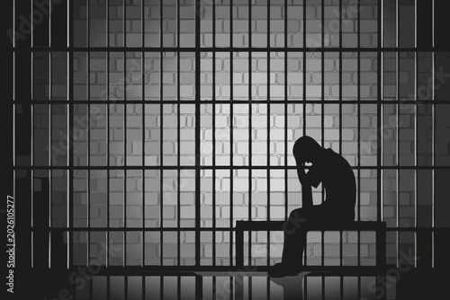 Photos prisoner silhouette in cell with bars grayscale