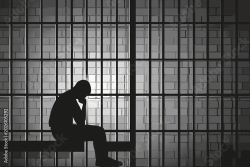 Photos prison cell silhouette with a seated person in despair