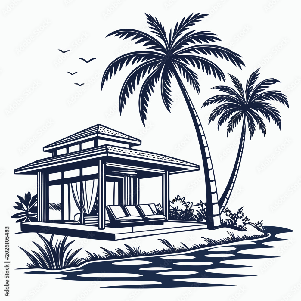 Obraz premium tropical beach bungalow illustration with palm trees and lounge chairs blue line art