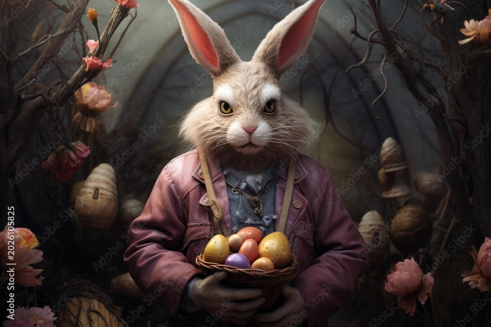 Fototapeta premium Anthropomorphic rabbit holding a wicker basket filled with colorful easter eggs, walking through a whimsical wood