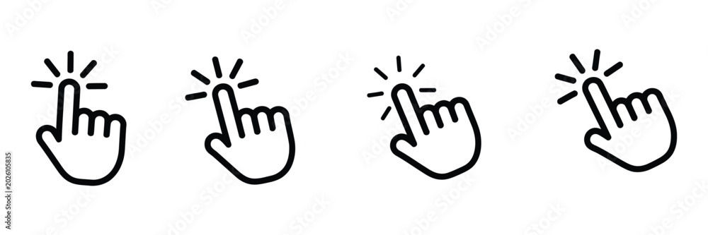 Fototapeta premium Click Hand Cursor Icon Set, Modern Pointer and Interaction Symbols for Web Navigation, Button Clicking, Touch Gestures, and Digital User Interface Experience Design