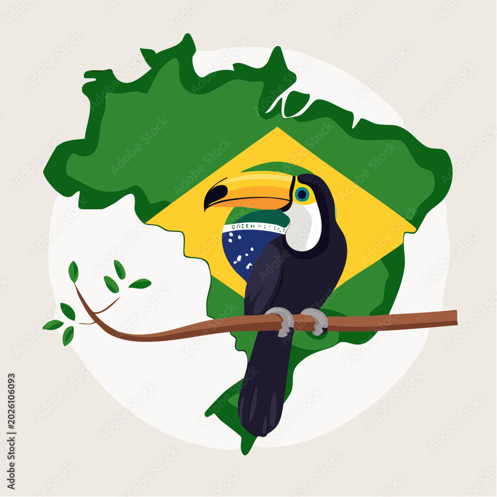 Fototapeta premium Toucan perched on a branch with Brazil map and flag