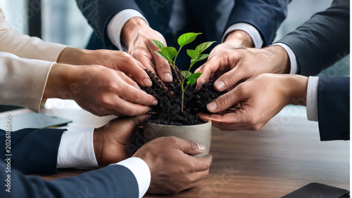 Business team planting green sprout, corporate responsibility concept