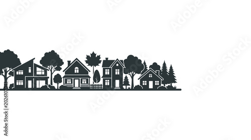 Photos Black and white silhouette of suburban houses with trees.